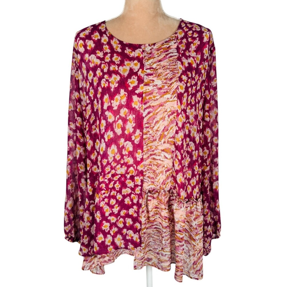 LOGO Lori Goldstein Top Women 1X Plum Mixed Print‎ Peplum Long Sleeve Top Fall